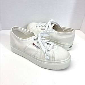Superga Canvas Platform Sneakers Shoes Womens Size 7.5 White Low Top Casual